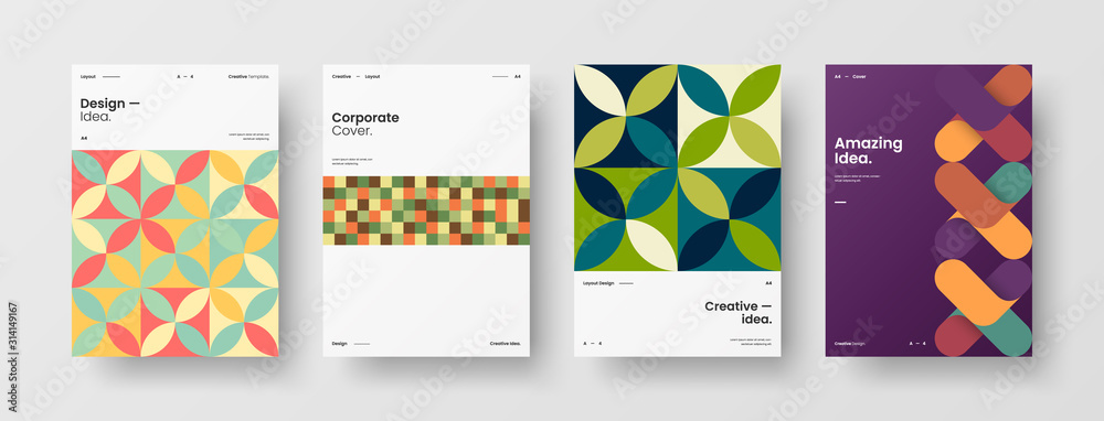 Business presentation vector A4 vertical orientation front page mock up set. Corporate report cover abstract geometric illustration design layout bundle. Company identity brochure template collection. Business presentation vector A4 vertical orientation front page mock up set. Corporate report cover abstract geometric illustration design layout bundle. Company identity brochure template collection.