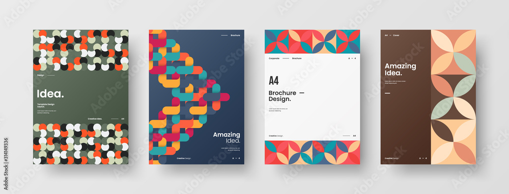 Naklejka premium Business presentation vector A4 vertical orientation front page mock up set. Corporate report cover abstract geometric illustration design layout bundle. Company identity brochure template collection.