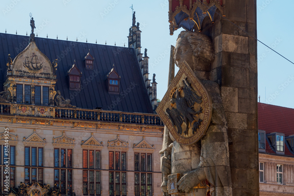 Famous Roland statue in the market square (Rathausplatz) of Bremen, Germany