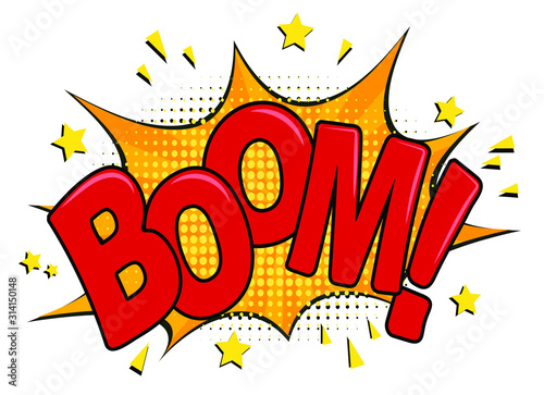 BOOM! Comic book, cartoon explosion with caption, speech bubble for your design.
