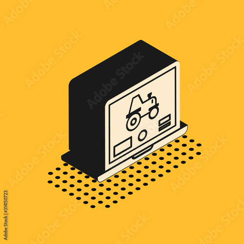 Isometric Laptop application for control a autonomous tractor on a smart farm icon isolated on yellow background. Smart agriculture implement. Vector Illustration
