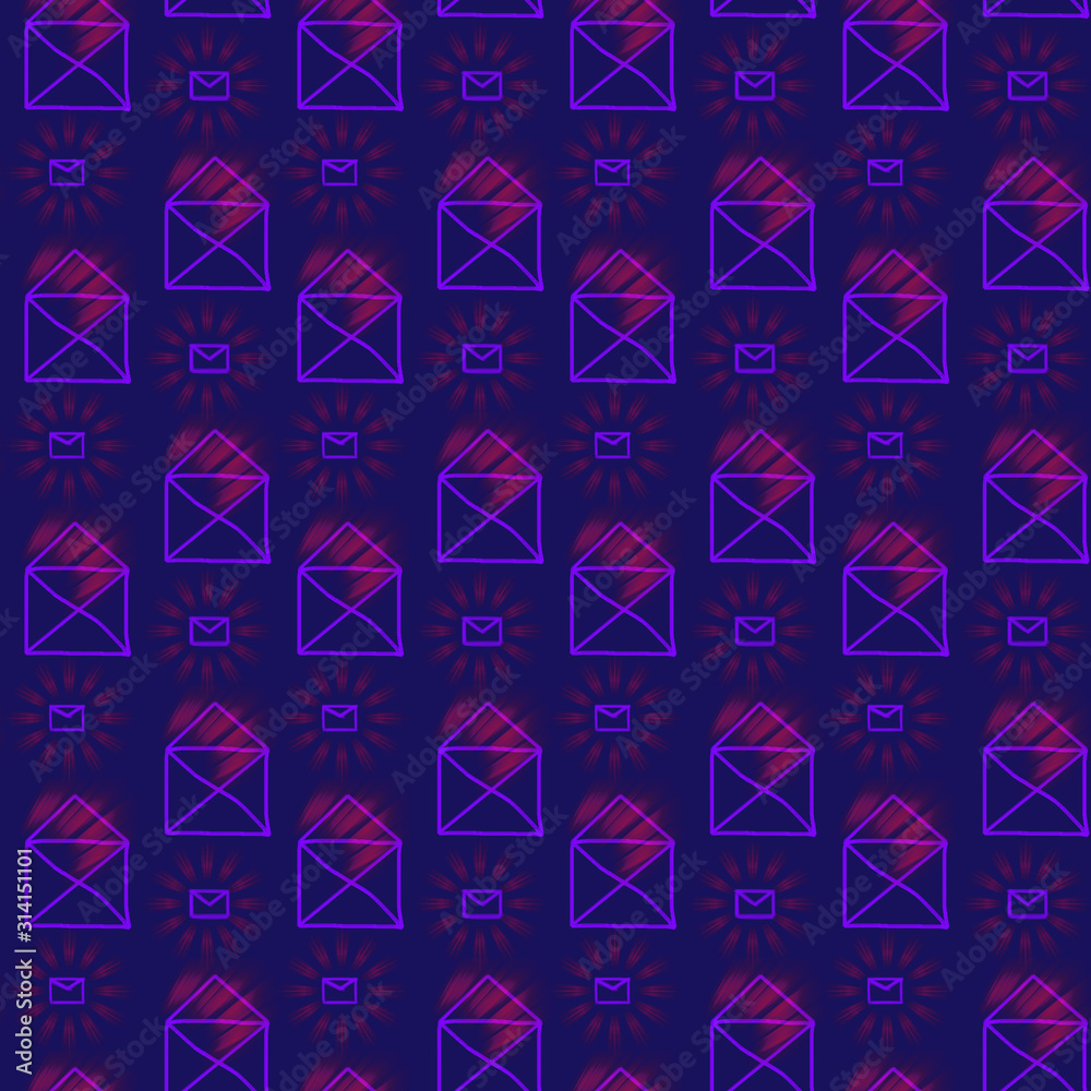 Seamless pattern with pink mail envelopes and shining rays on a purple ...