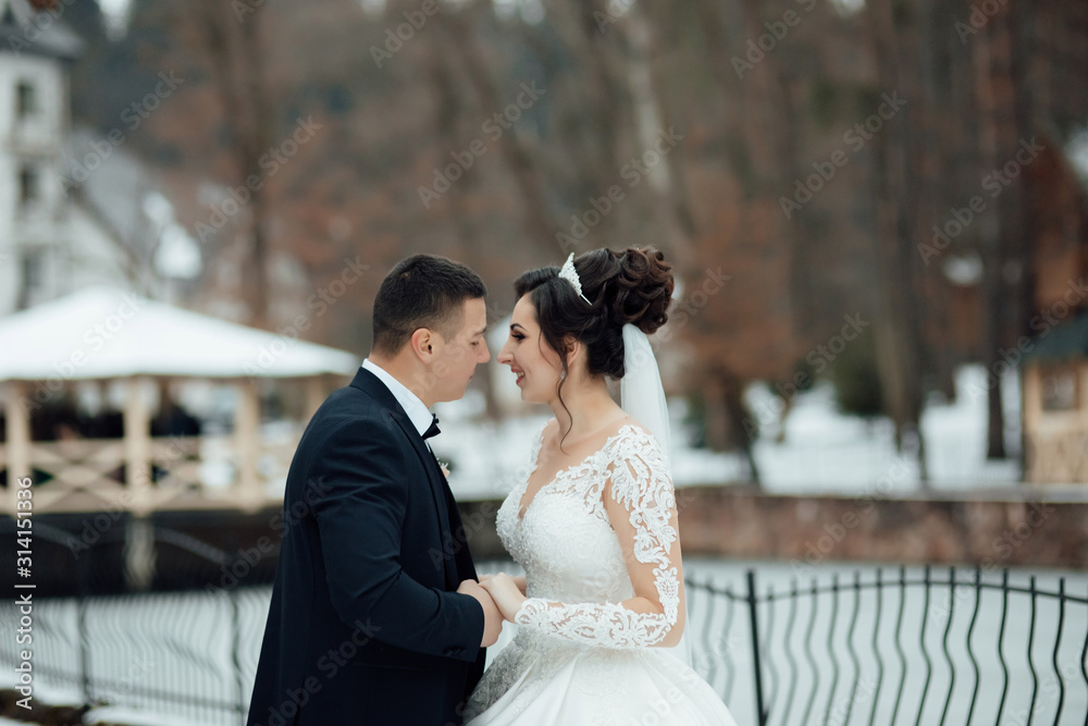 Beautiful wedding of amazing couple. Young couple in love, groom and bride in wedding dress at the nature. Wedding day. Bride and groom hugging in the snowy forest at their fairy wedding day