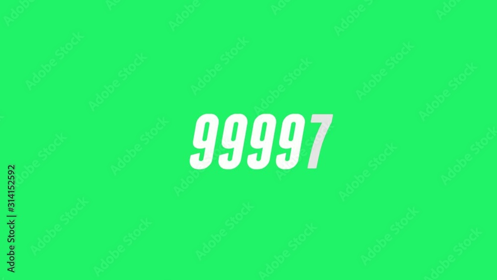 Animated counter 99900-100000 white jumping symbols on green background. Flat design counting number to one hundred thousand hits. 4K digital video.