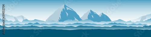 Seamless panorama of the mountain landscape. Vector illustration of a natural background for a banner, website or game. Silhouettes of misty hills and high peaks. Travel, tourism and hiking concept.