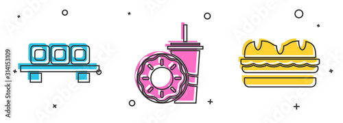 Set Sushi on cutting board, Paper glass with drinking straw and donut and Sandwich icon. Vector