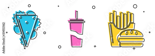 Set Sandwich, Paper glass with drinking straw and water and Burger and french fries in carton package box icon. Vector