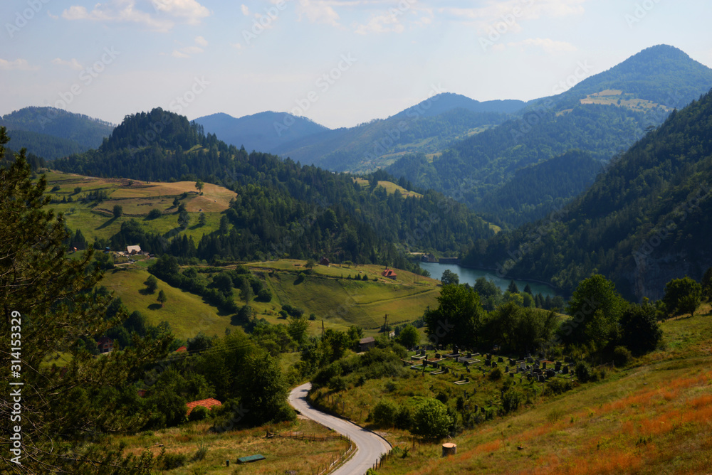 Zaovine lake, Tara mountain, Serbia, beautiful landscape of mountains, valley and lake