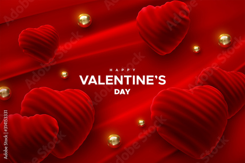 Happy Valentines Day. Red velvet heart shapes with golden beads on red fabric background. Vector holiday illustration. 14 february romantic event banner. Festive poster design. Realistic 3d decoration