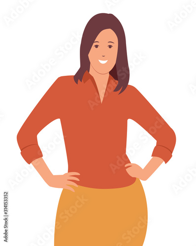 Smiling beautiful young woman  posing with hands on hip. Trendy girl standing and looking. Female character design illustration.  Concept in vector cartoon style