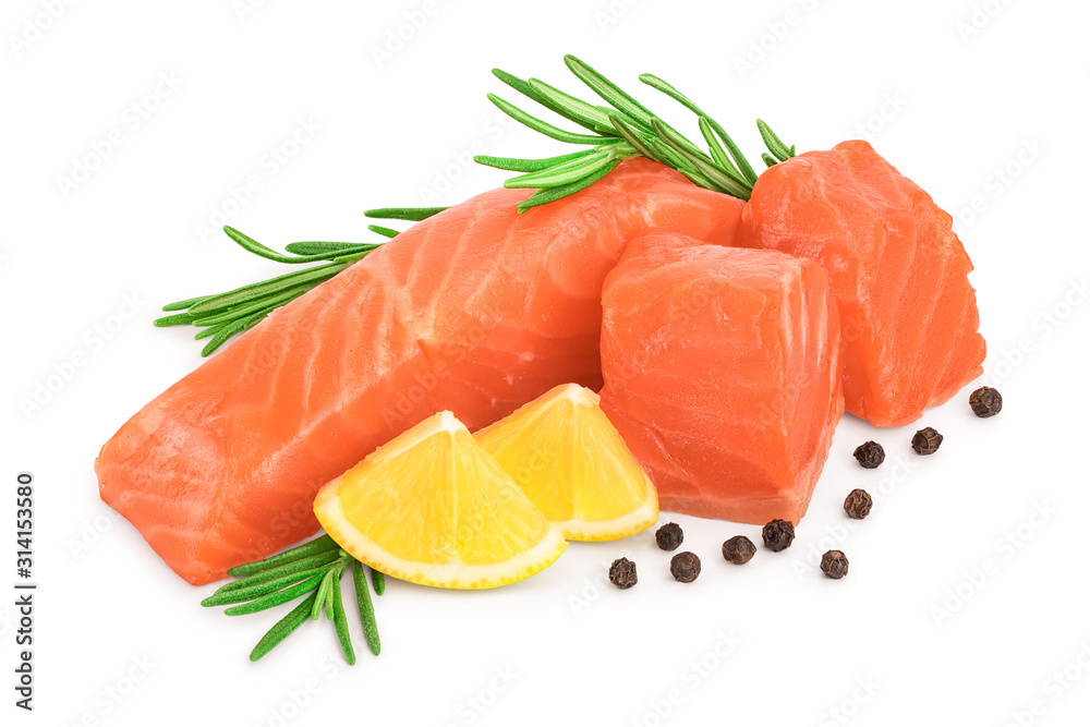 raw salmon piece cube with rosemary, lemon and peppercorn isolated on white background close up raw salmon piece cube with rosemary, lemon and peppercorn isolated on white background close up