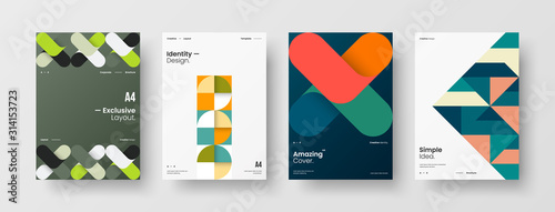 Business presentation vector A4 vertical orientation front page mock up set. Corporate report cover abstract geometric illustration design layout bundle. Company identity brochure template collection.