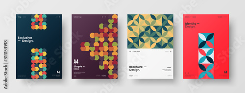 Business presentation vector A4 vertical orientation front page mock up set. Corporate report cover abstract geometric illustration design layout bundle. Company identity brochure template collection.