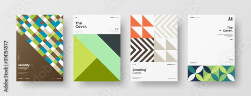 Business presentation vector A4 vertical orientation front page mock up set. Corporate report cover abstract geometric illustration design layout bundle. Company identity brochure template collection.