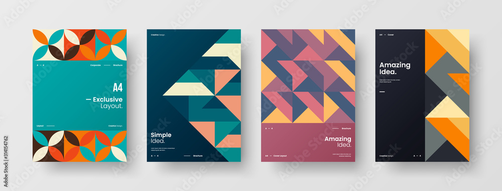 Business presentation vector A4 vertical orientation front page mock up set. Corporate report cover abstract geometric illustration design layout bundle. Company identity brochure template collection. Business presentation vector A4 vertical orientation front page mock up set. Corporate report cover abstract geometric illustration design layout bundle. Company identity brochure template collection.