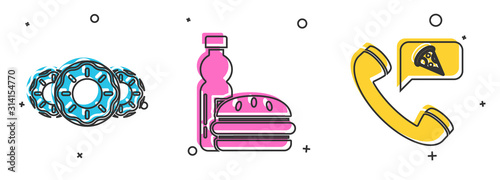 Set Donut with sweet glaze, Bottle of water and burger and Food ordering pizza icon. Vector