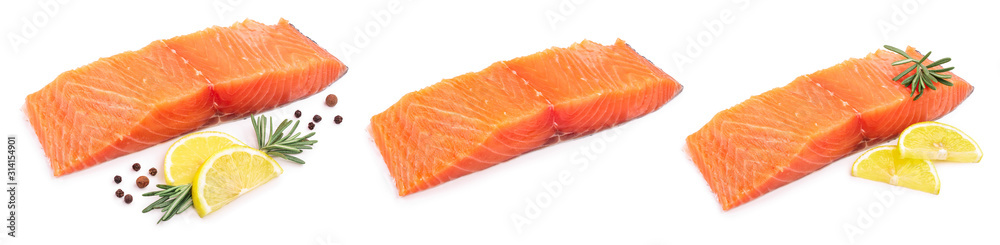 fillet of red fish salmon with lemon and rosemary isolated on white background. Set or collection fillet of red fish salmon with lemon and rosemary isolated on white background. Set or collection
