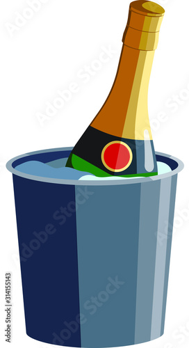 Bottle of sparkling wine (Champagne) cools down in the ice bucket. Isolated vector illustration on white background. Good for cards, presentation, invitations.