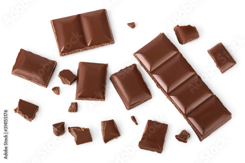 piece of chocolate isolated on white background with clipping path. . Top view. Flat lay.