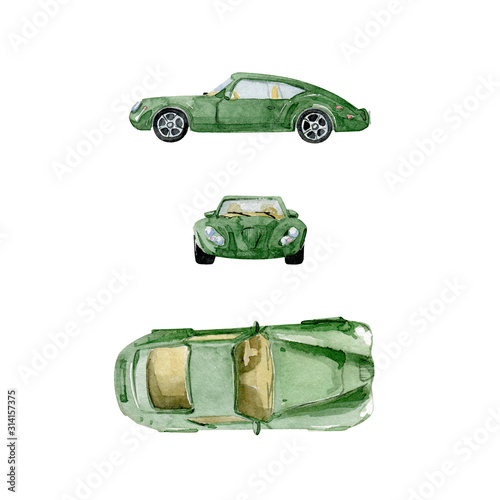 Watercolor set. Speed car drawn on three sides. Hand drawn illustrations, isolated on white background. 