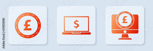 Set Laptop with dollar symbol, Coin money with pound sterling symbol and Computer monitor with pound sterling symbol. White square button. Vector