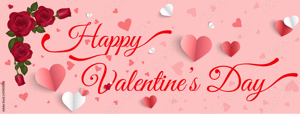 Bannière - carte Valentin's day - ballon coeur rose et rouge - february 14th coeur en papier plier et rose rouge dans le coin sur fond rose