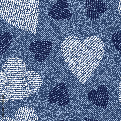 Jeans background with hearts. Vector Denim seamless pattern. Blue jeans fabric.