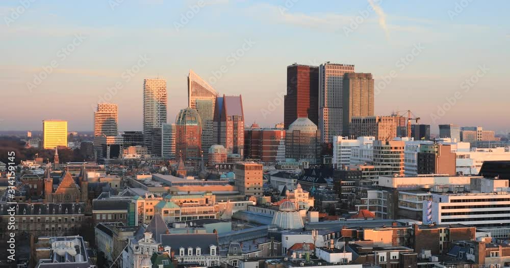 4k camera panning aerial view on the city centre of The Hague