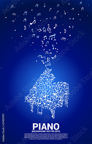 Vector music melody note dancing flow shape piano icon . Concept background for song and concert theme.