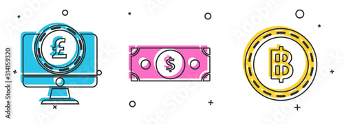 Set Computer monitor with pound sterling symbol, Stacks paper money cash and Cryptocurrency coin Bitcoin icon. Vector