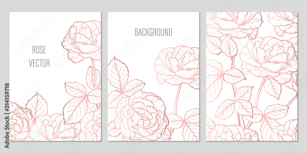 Rose Gold Vintage Flower and Leaves. Vector Wedding Set of Summer