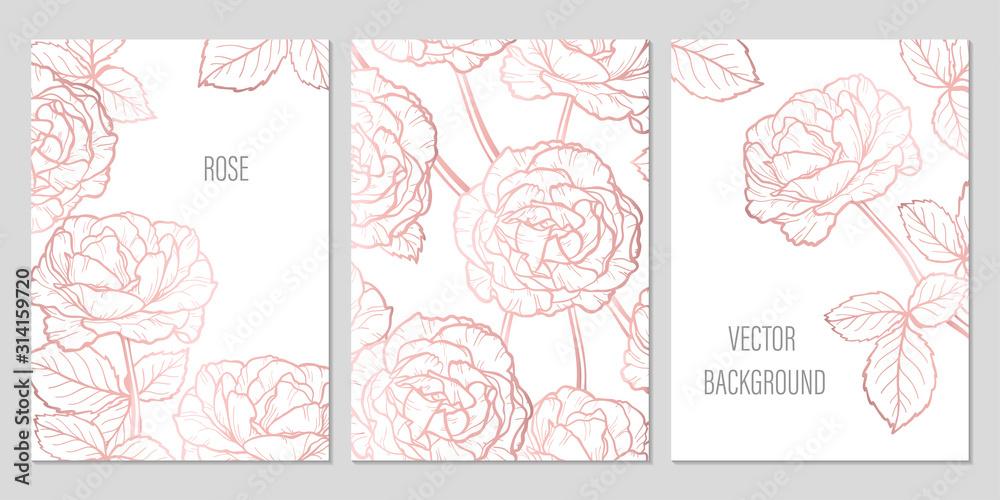 Rose Gold Vintage Flower and Leaves. Vector Wedding Set of Summer Floral Greeting Card, Banner and Background with Roses Flowers. Hand drawn Garden Flowers Sketch Frame with Copy Space for Text.