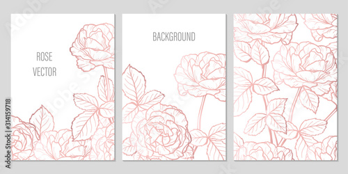Rose Gold Vintage Flower and Leaves. Vector Wedding Set of Summer Floral Greeting Card, Banner and Background with Roses Flowers. Hand drawn Garden Flowers Sketch Frame with Copy Space for Text.