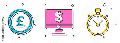 Set Coin money with pound sterling symbol, Computer monitor with dollar symbol and Stopwatch icon. Vector