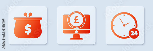 Set Computer monitor with pound sterling symbol, Wallet with dollar symbol and Clock 24 hours. White square button. Vector