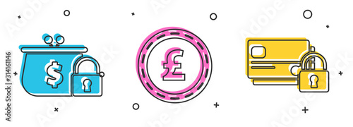 Set Closed wallet with lock, Coin money with pound sterling symbol and Credit card with lock icon. Vector