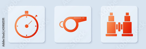 Set Whistle, Stopwatch and Binoculars. White square button. Vector