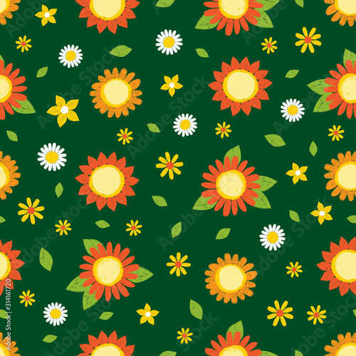 Vector dark green textured sunflowers pen sketch repeat pattern. Suitable for textile, gift wrap and wallpaper.