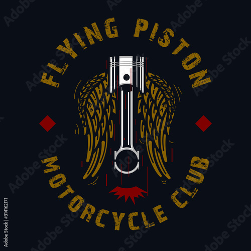vintage style motorcycle club emblem with flying piston and wings on a dark background