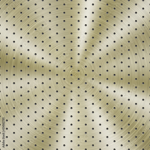 Abstract shiny metal background in golden color with circular brushed texture and hexagonal holes