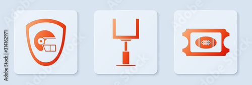 Set American football goal post, American football helmet and shield and American Football ticket. White square button. Vector