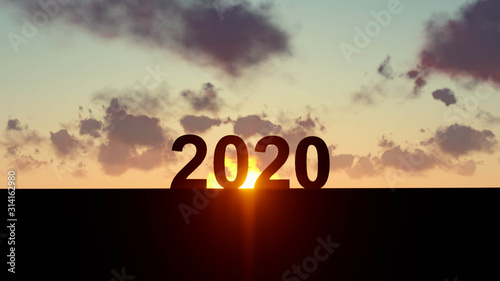 2020 Text Silhouette at Sunset Background, 3D Rendering