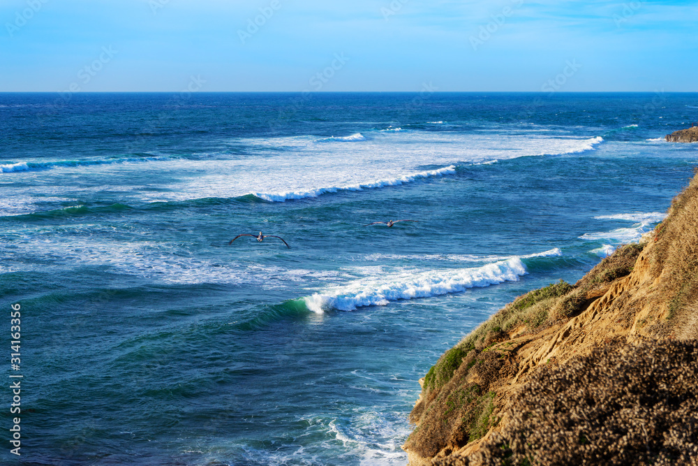 California coast in San Diego with ocean waves.