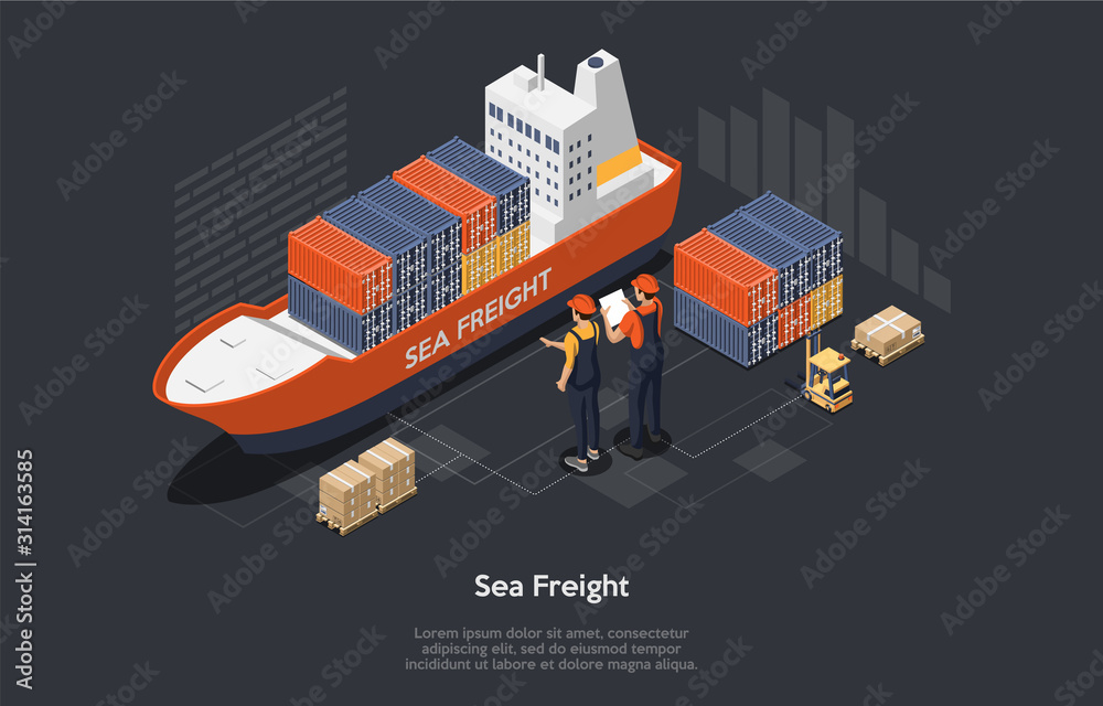 Global logistics network concept. Set of Cargo Ship, Containers ...