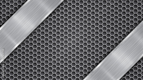 Background in gray colors, consisting of a metallic perforated surface with holes and two polished plates with metal texture, glares and shiny edges