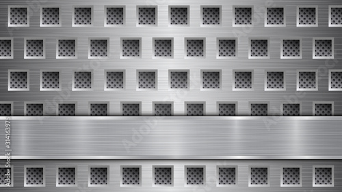 Background in gray colors, consisting of a metallic perforated surface with holes and a polished plate with metal texture, glares and shiny edges