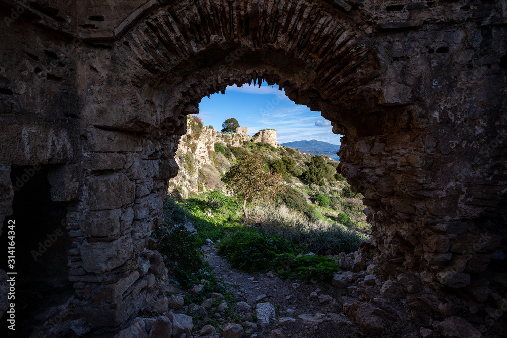 remains of the old castle of Navarino (Palaiokastro or Paliokastro). The site of the Athenian fort  Battle of Pylos. Pylos-Nestor, Messenia, Peloponnese, Greece