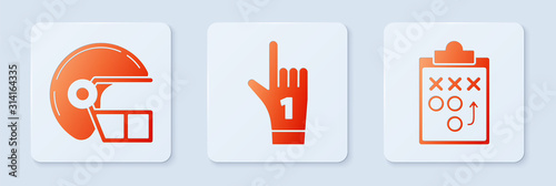 Set Number 1 one fan hand glove with finger raised, American football helmet and Planning strategy concept. White square button. Vector