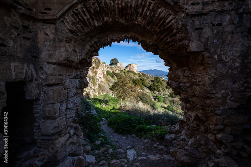 remains of the old castle of Navarino (Palaiokastro or Paliokastro). The site of the Athenian fort Battle of Pylos. Pylos-Nestor, Messenia, Peloponnese, Greece