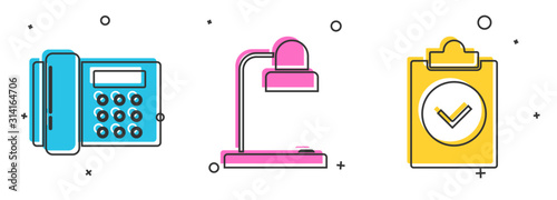 Set Telephone, Table lamp and Completed task icon. Vector